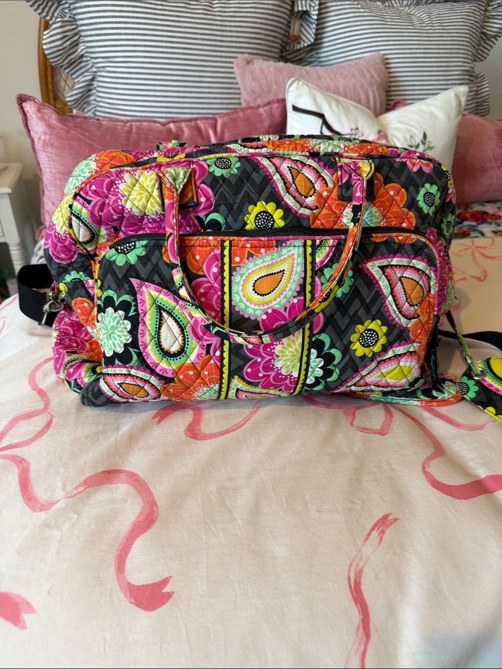 Vera Bradley Black Quilted Weekender bag Pink, Orange, Green & Yellow Paisley